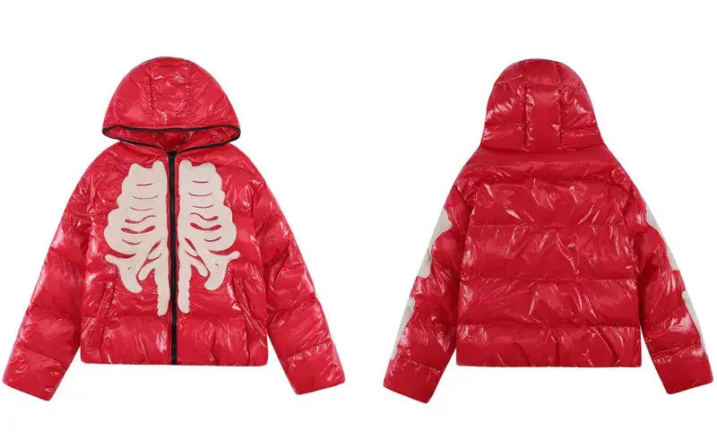 Red puffy Y2K Skeleton Jacket featuring a hood and skeletal ribcage design