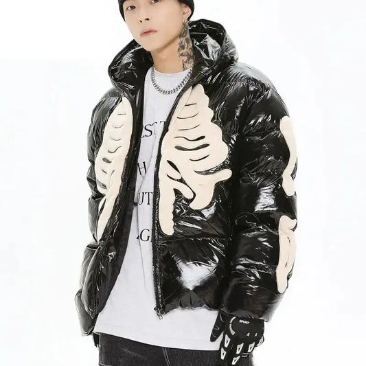 Shiny black Y2K Skeleton Jacket featuring white skeletal bone designs on the front