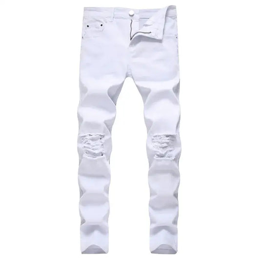 White distressed Y2K skinny jeans with rips at the knees for a trendy retro look