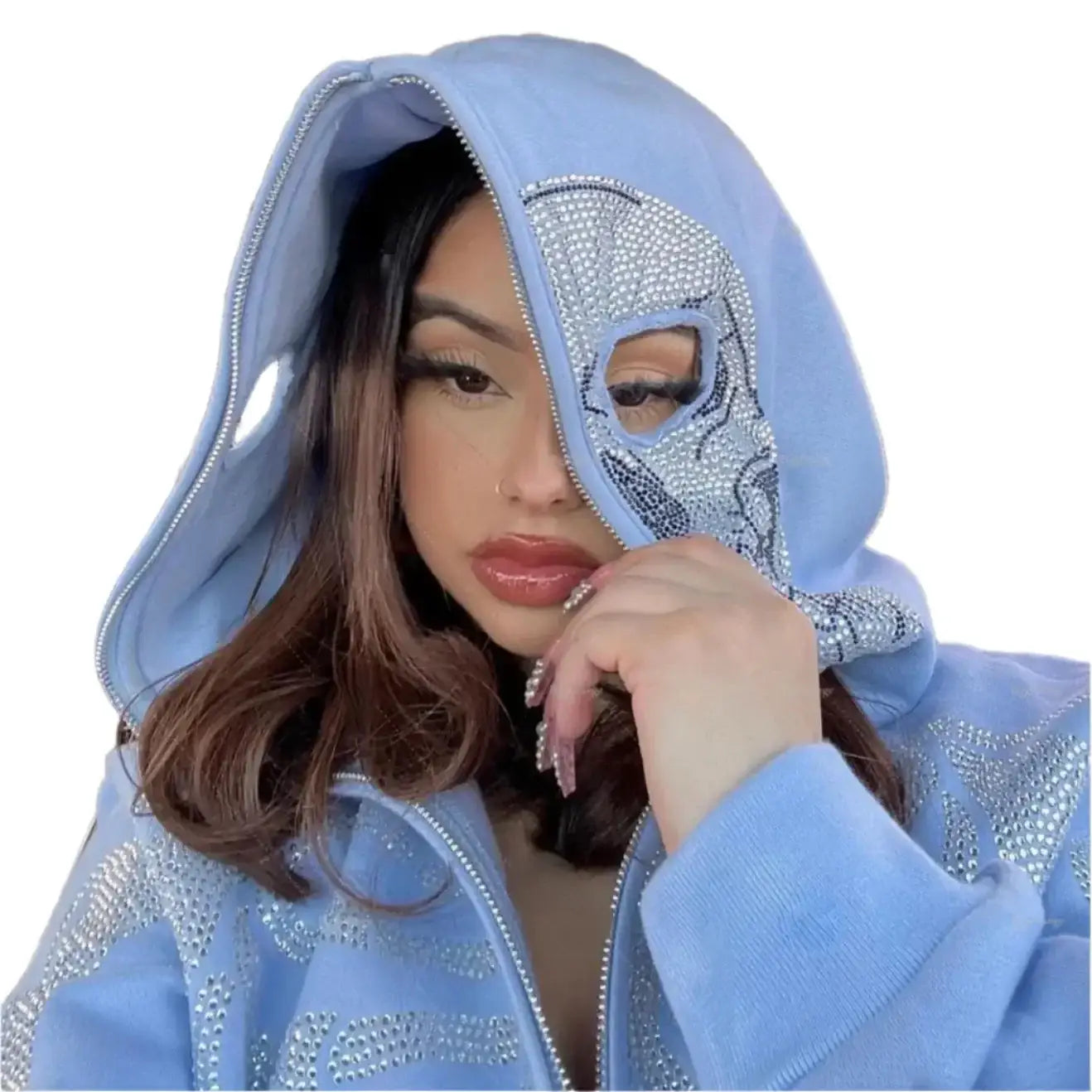 Light blue Y2K skull hoodie with silver sequin embellishments partially covering face