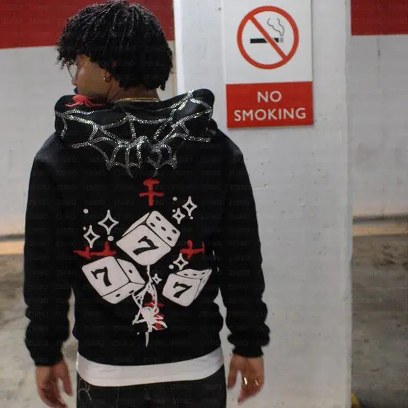 Black Y2K Spider Hoodie featuring playing cards and stars graphic design on back