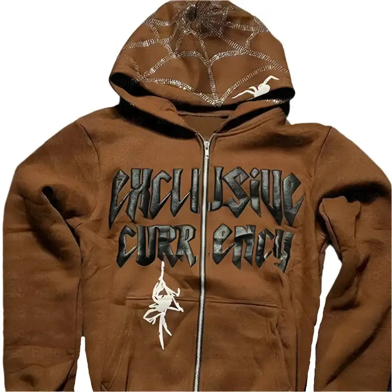 Brown Y2K Spider Hoodie with Cyclopsychic Curr Etain text and spider web design