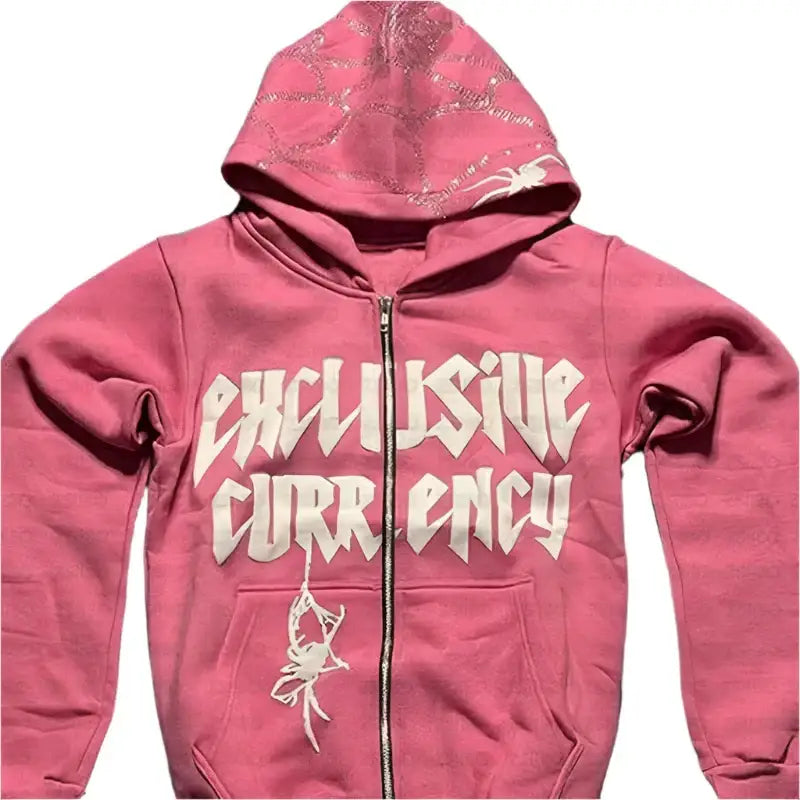 Pink Y2K Spider Hoodie with Exclusive Currency text and rose graphic design