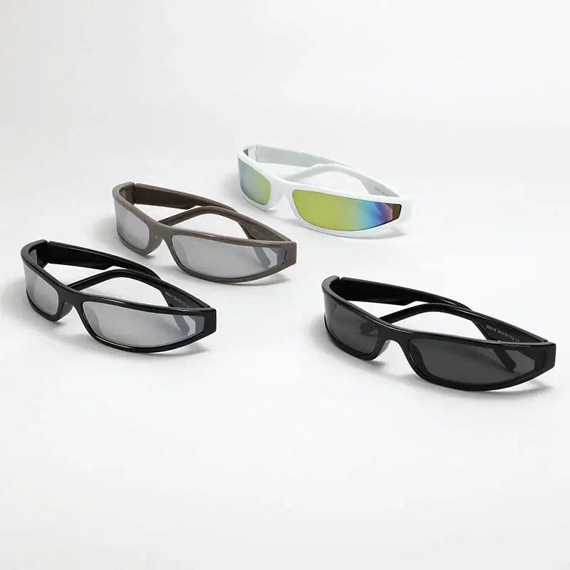 Four pairs of Y2K Square Glasses with colorful frames and lenses for stylish sports wear