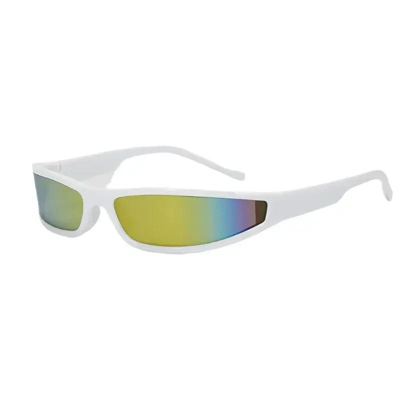 Futuristic white Y2K square glasses with vibrant rainbow-tinted lenses