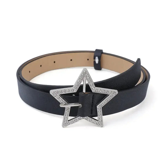 Black leather Y2K Star Belt featuring a silver star-shaped buckle for stylish flair