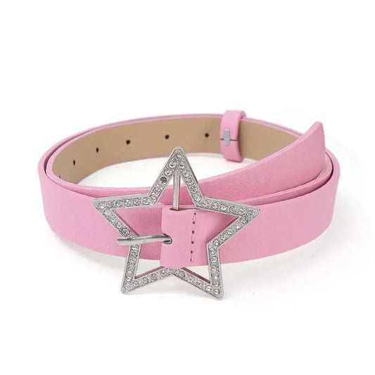 Pink leather Y2K Star Belt featuring a silver star buckle embellished with rhinestones