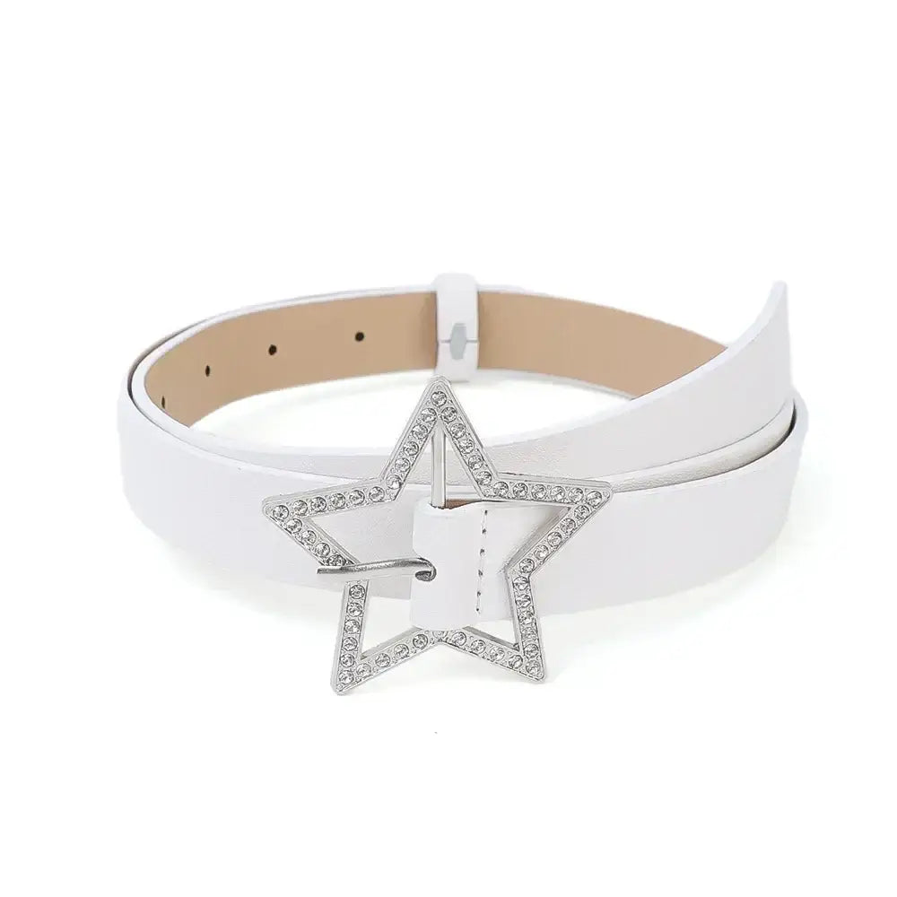 White leather Y2K Star Belt featuring a glittery star-shaped buckle for a stylish touch