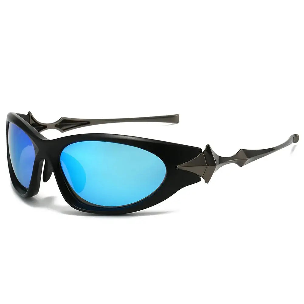 Sporty Y2K Star Glasses with black frames and blue mirrored lenses