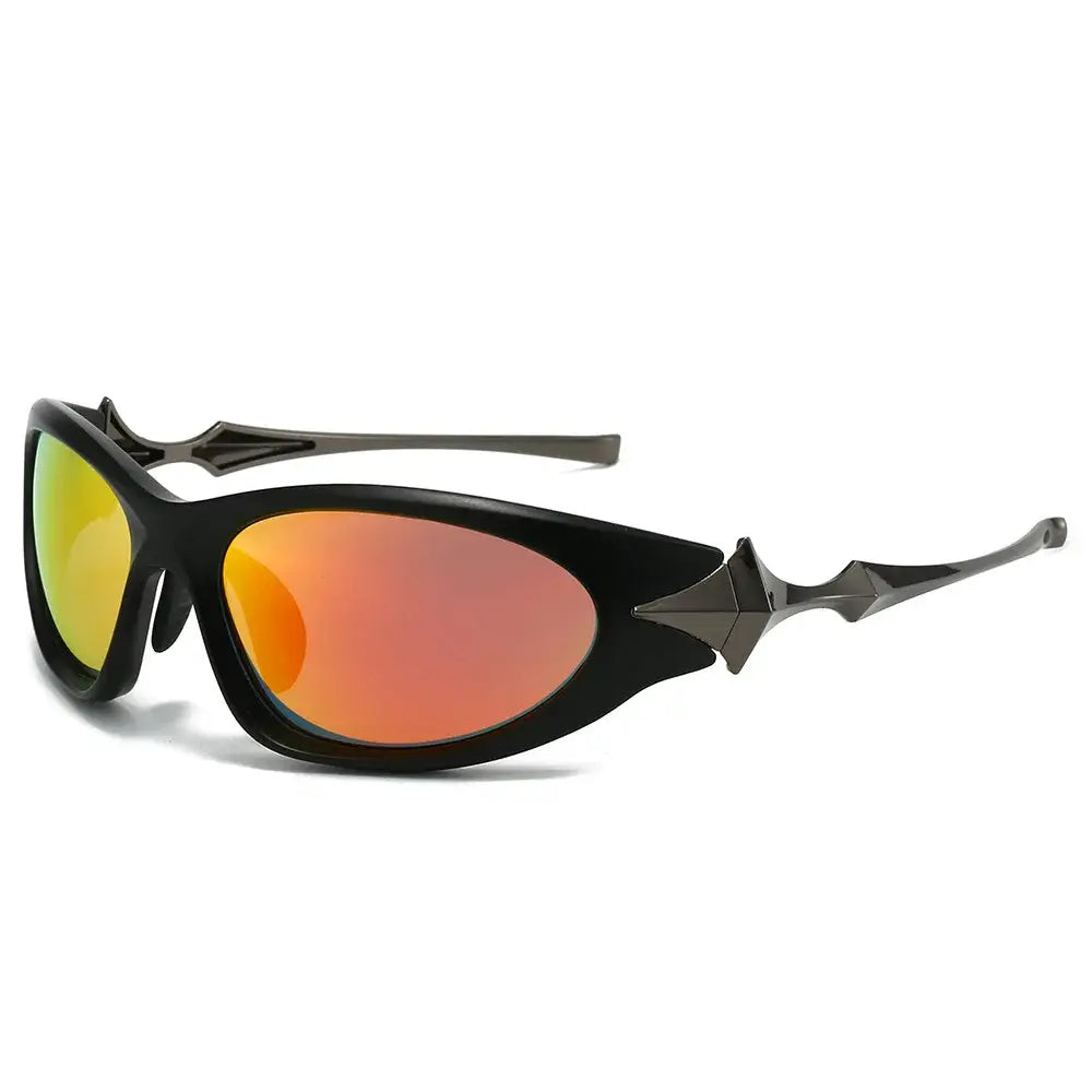 Sporty Y2K Star Glasses with black frames and orange-tinted mirrored lenses