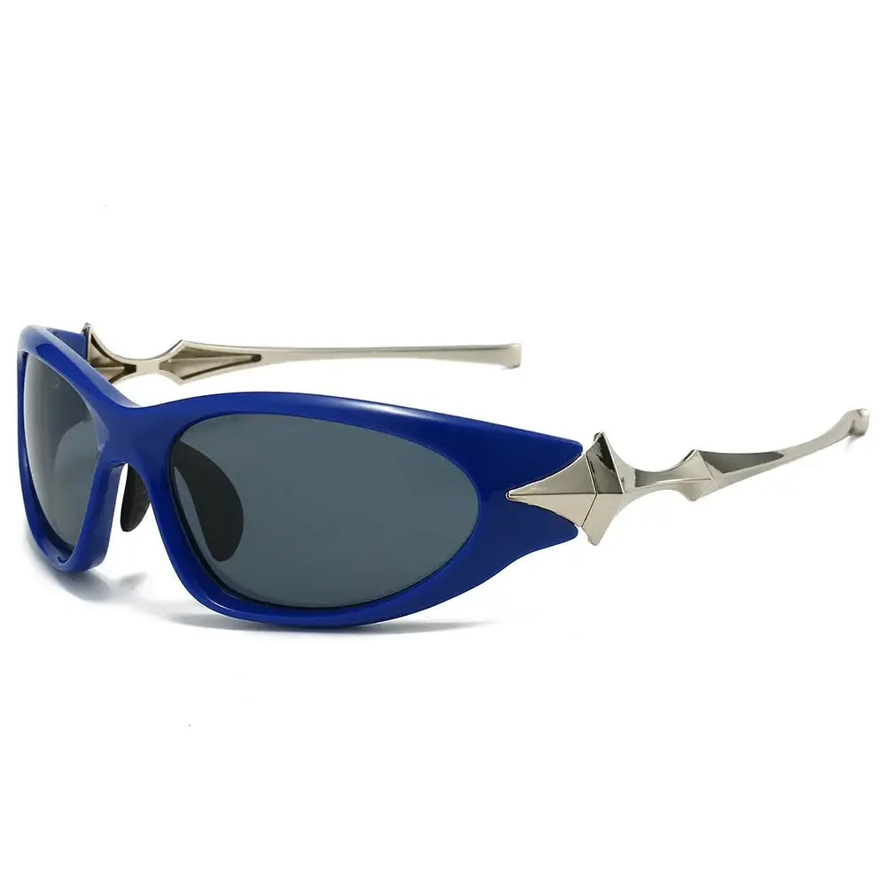 Pair of blue and silver Y2K Star Glasses with wraparound lenses for sporty style