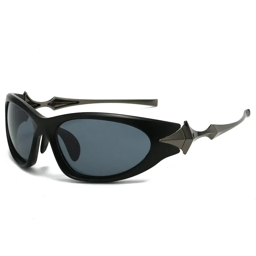 Pair of Y2K Star Glasses with curved black frame and dark lenses for sporty style