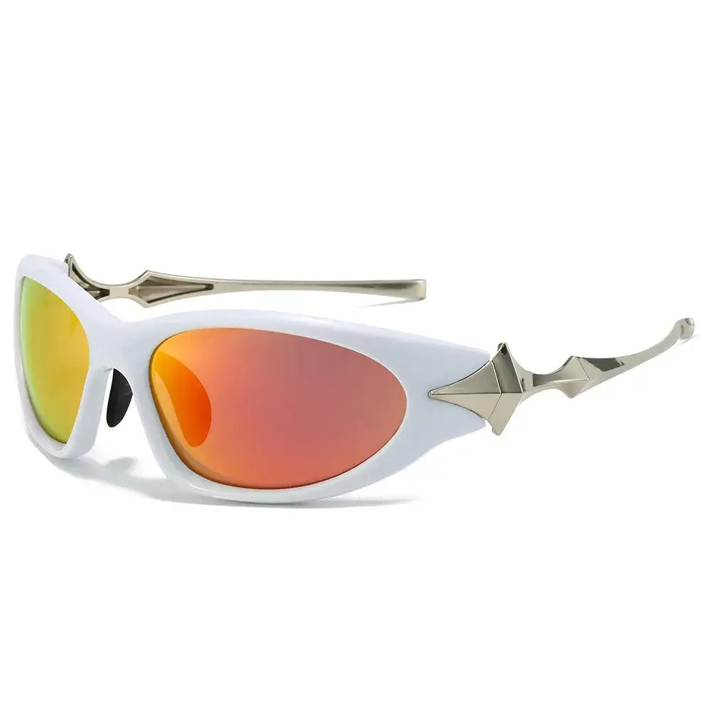 Sporty white Y2K Star Glasses with orange mirrored lenses and metallic accents