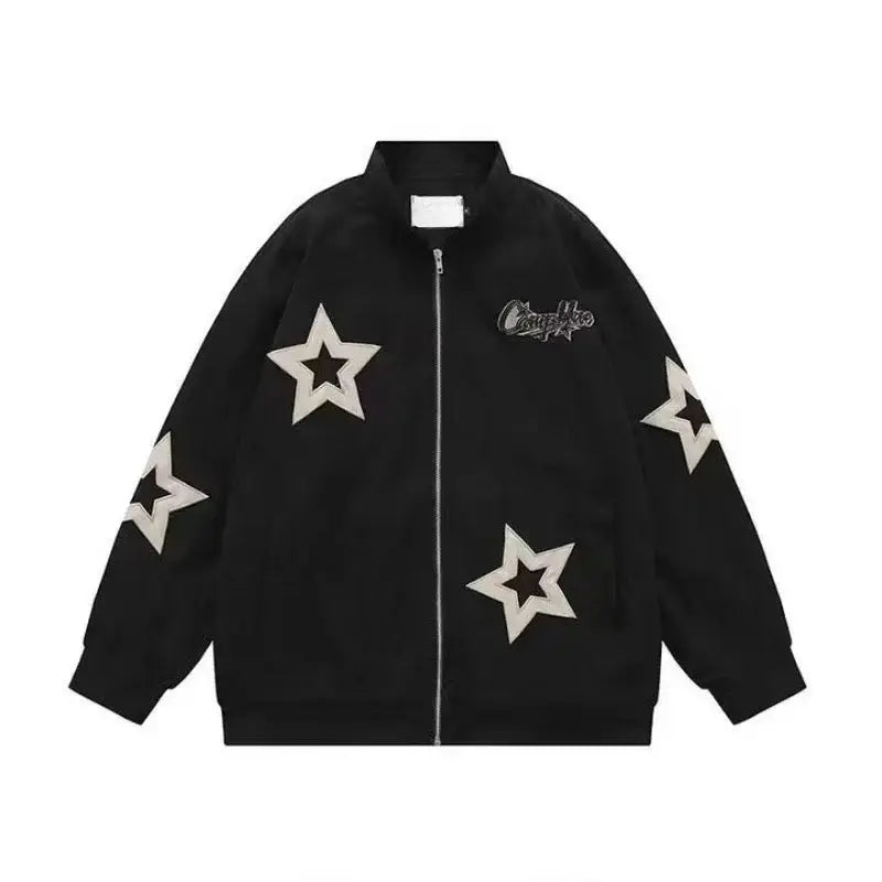 Black Y2K Star Jacket with white star designs and logo on the chest