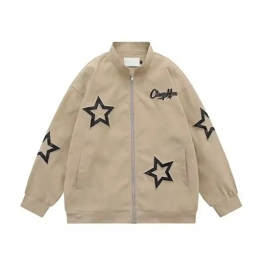 Beige Y2K Star Jacket featuring black star designs and text embroidery