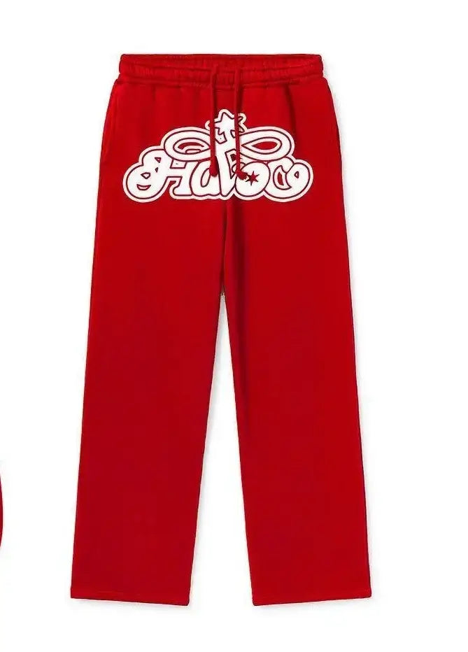 Red Y2K sweat pants featuring a white Fubu logo on the left leg