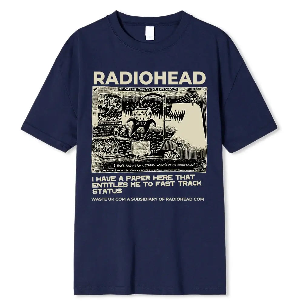 Navy blue Y2K t shirt featuring Radiohead graphic design and text shirt design