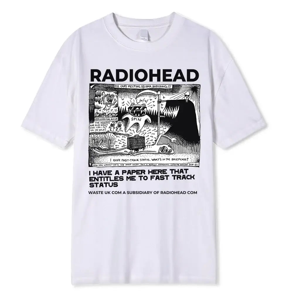 White Y2K t shirt design featuring a Radiohead graphic and text illustration