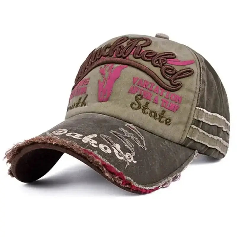 Distressed Y2K Trucker Cap featuring Rebel and State text in vibrant styles