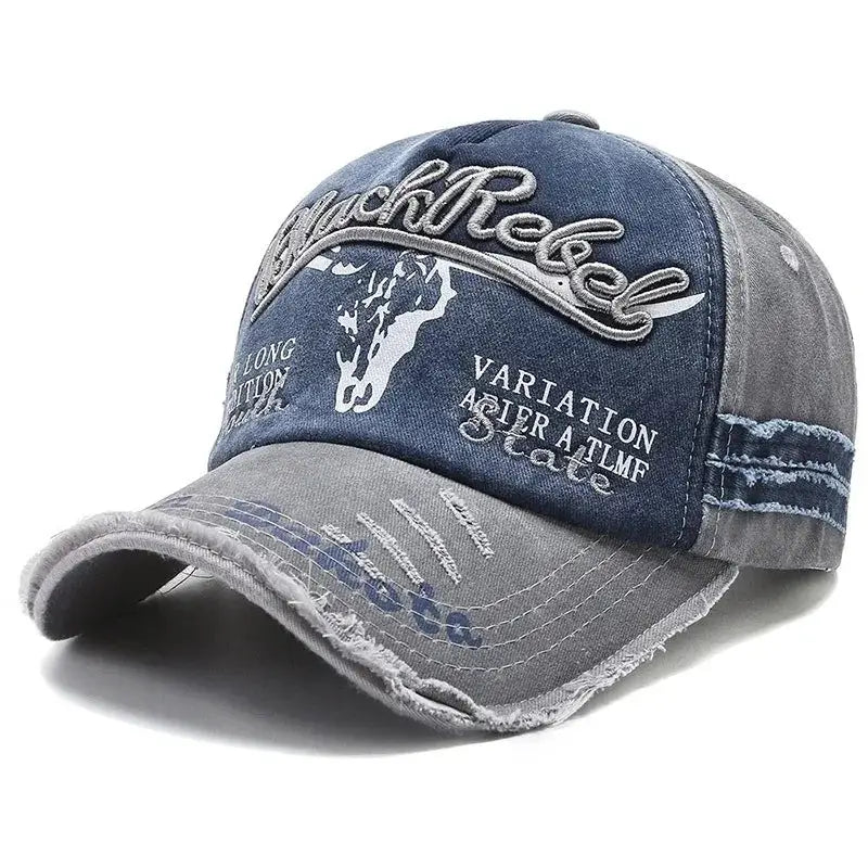 Distressed blue gray Y2K Truckers Cap with Rock Rebel and bull skull graphics