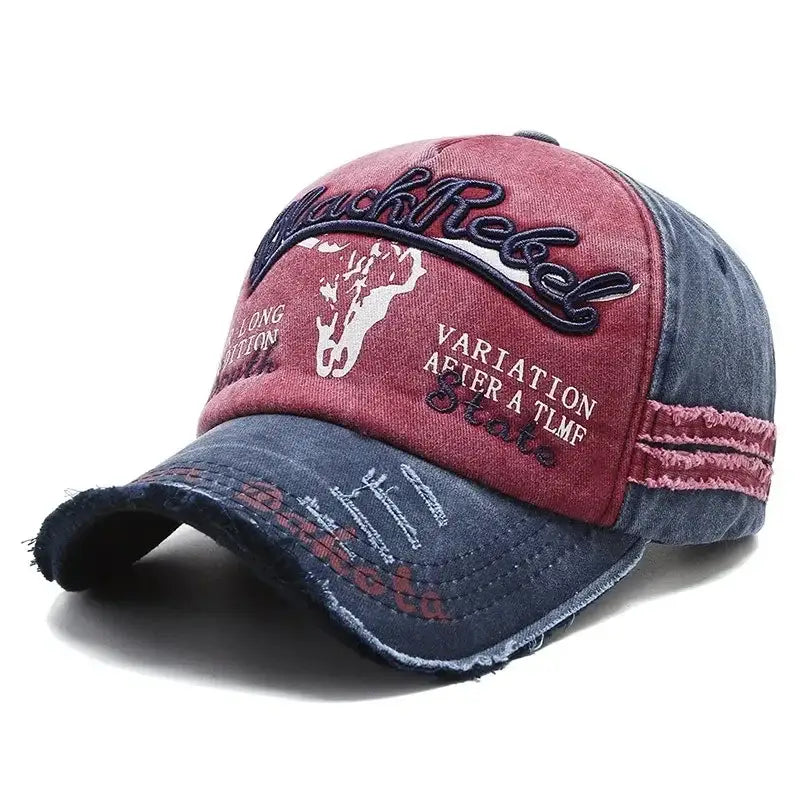 Distressed Y2K Trucker Cap with red and blue panels, featuring text and horse logo