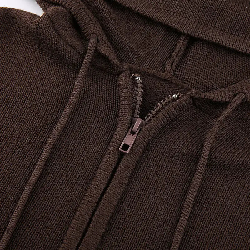 Brown knit Y2K zip hoodie with a stylish zipper front for a trendy look