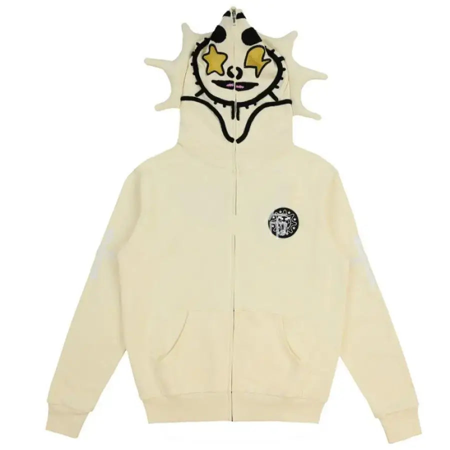 Cream-colored Y2K Zip Up Hoodie featuring a cartoon monster face design on the hood