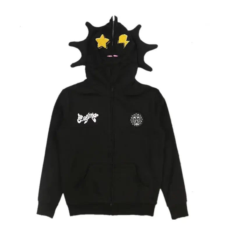 Black Y2K Zip Up Hoodie with monster-themed hood and star lightning bolt eyes