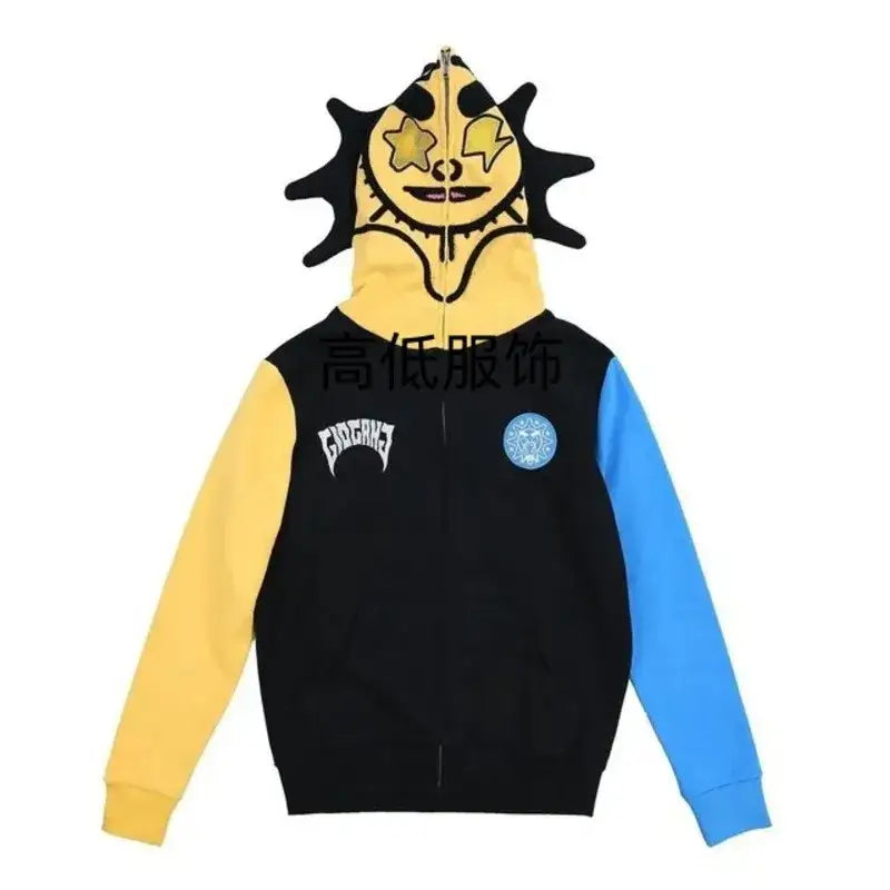 Colorful Y2K Zip Up Hoodie featuring a cartoon sun-like face design on the hood