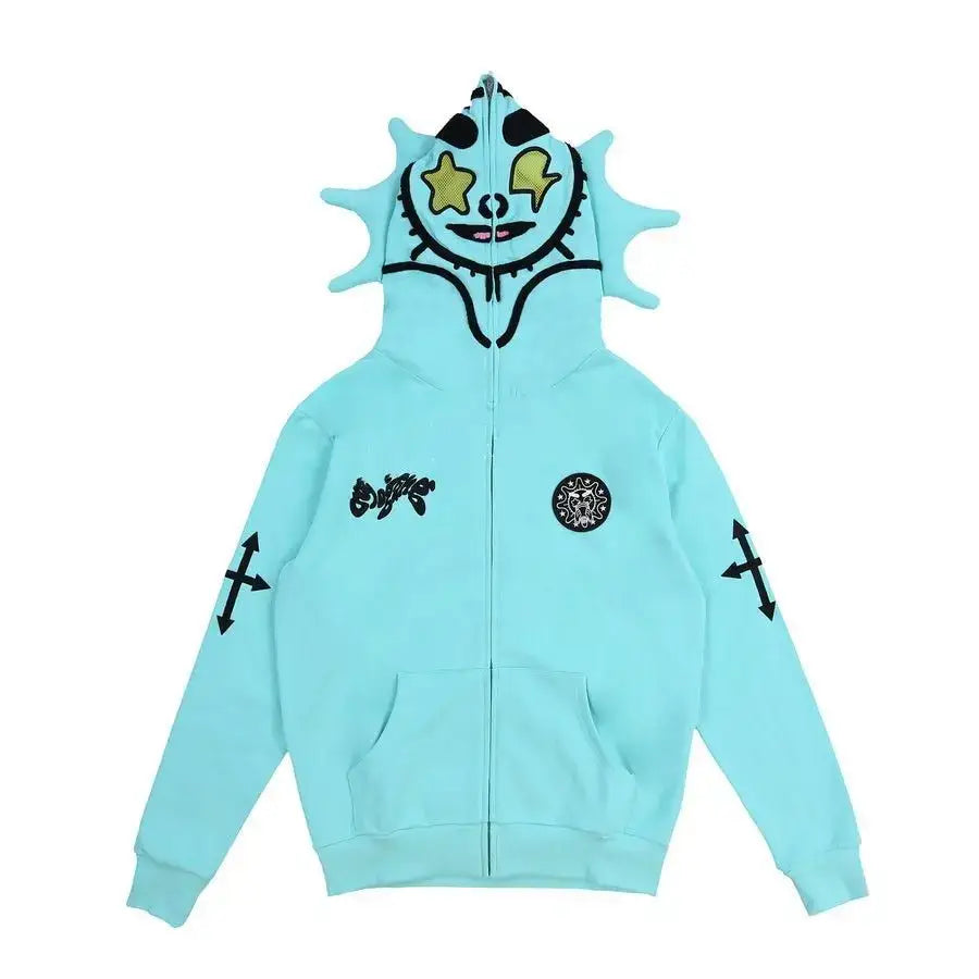 Turquoise Y2K Zip Up Hoodie featuring a fun cartoon monster face design on the hood