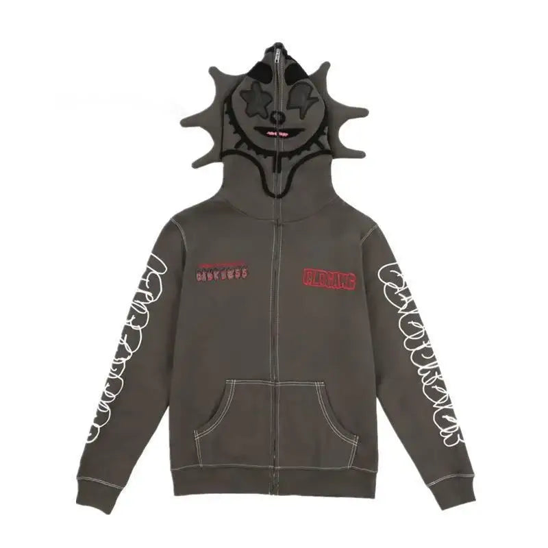 Gray Y2K zip hoodie with spiked hood featuring cartoon monster face design