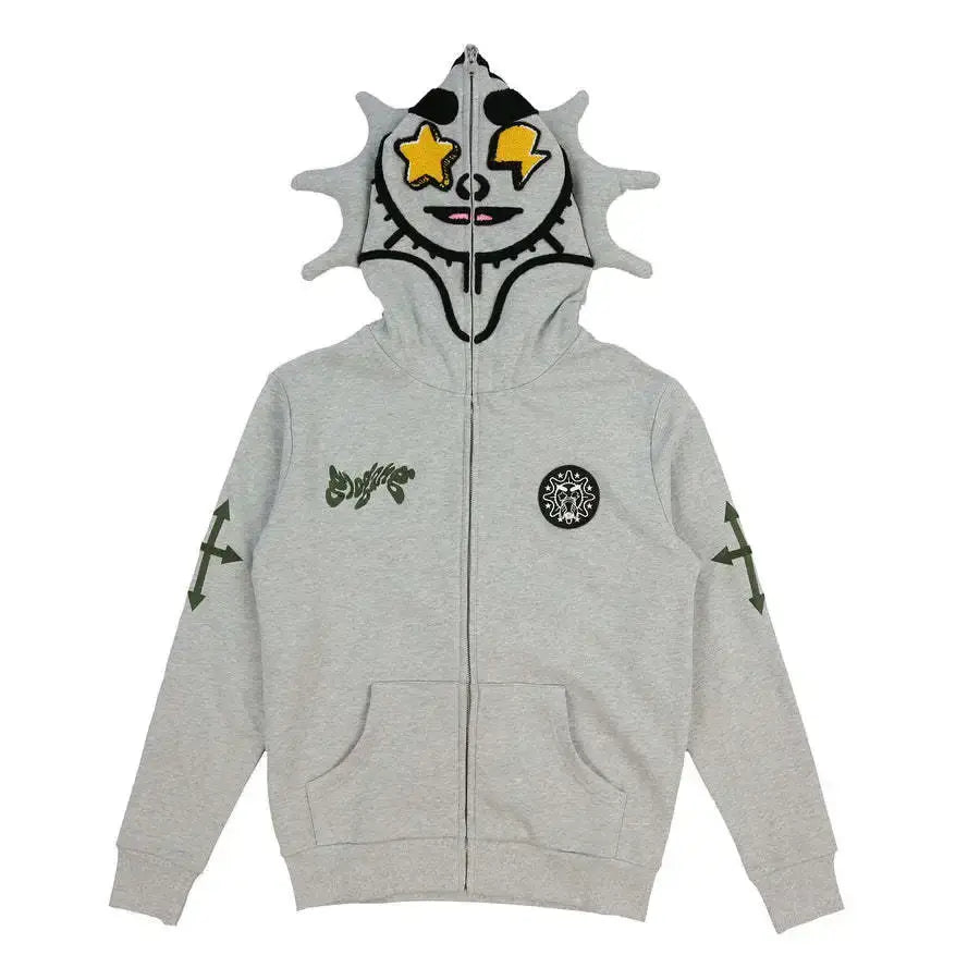 Gray Y2K zip-up hoodie featuring a cartoonish cat face design on the hood