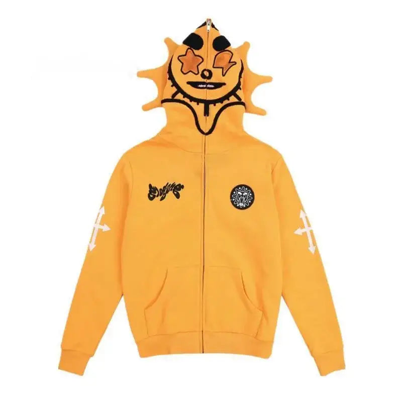 Yellow Y2K Zip Up Hoodie featuring a playful cartoon monster face on the hood