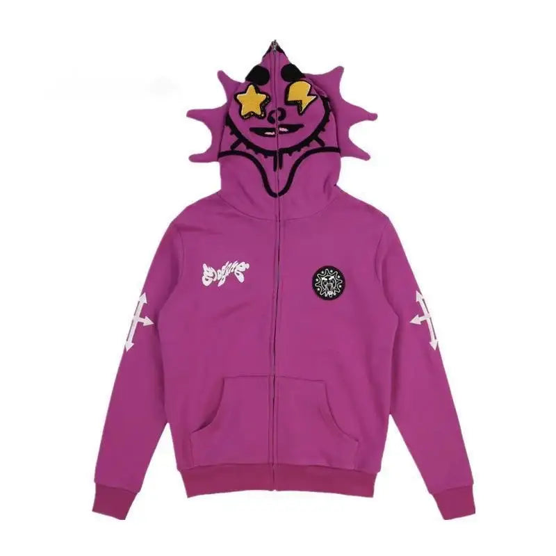 Purple Y2K Zip Up Hoodie featuring a cat-like face design and decorative elements