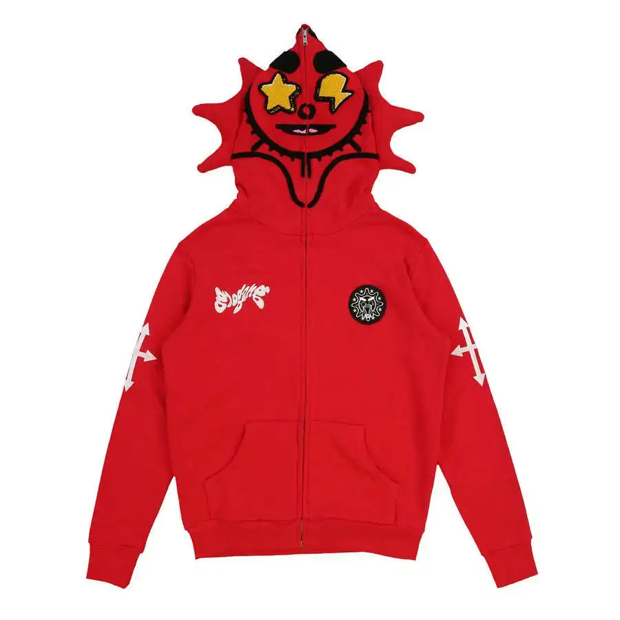 Red Y2K Zip Up Hoodie with cartoon devil face hood and various patches for trendy style