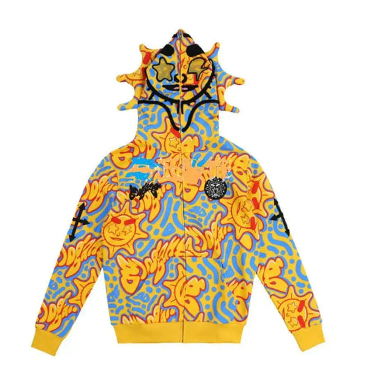 Colorful Y2K Zip Up Hoodie with sun-like design on the hood for stylish comfort