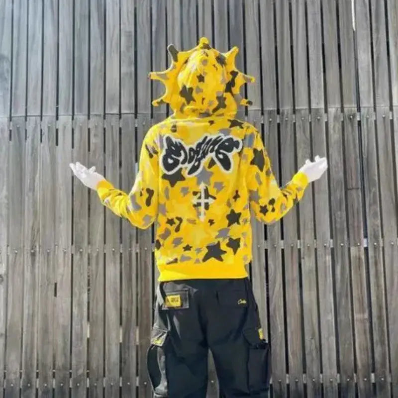 Yellow Y2K Zip Up Hoodie with spiky sun-like headpiece worn from behind