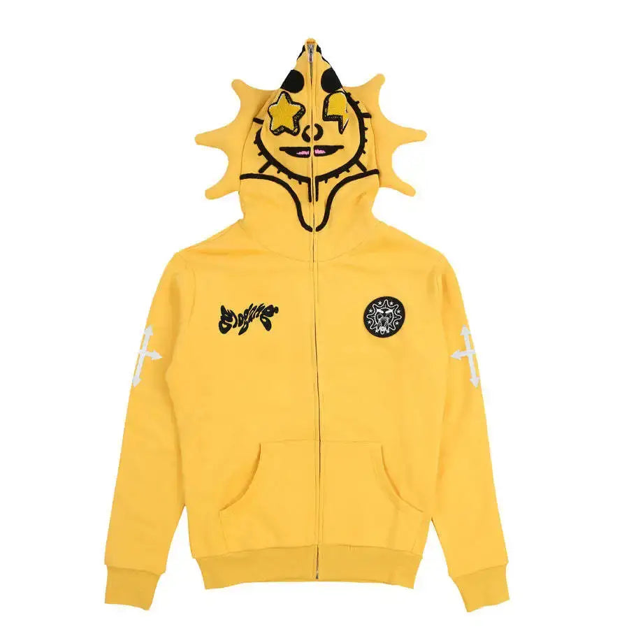 Yellow Y2K Zip Up Hoodie featuring a cartoon sun face design on the hood