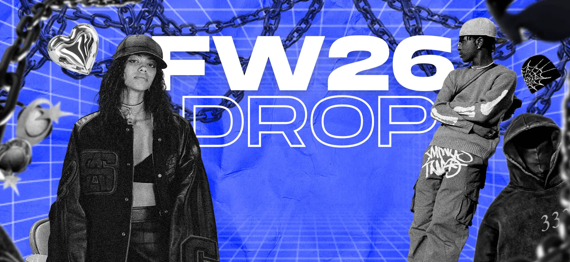 FW26 Drop at Y2K Zone: models in a black leather varsity jacket and graffiti cargo pants on an electric blue grid with chains