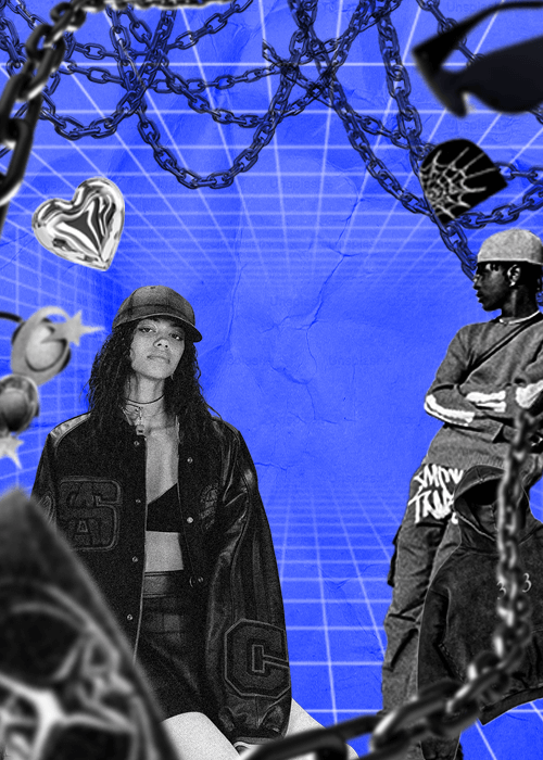 Y2K streetwear fashion collage featuring black and white outfits, oversized jackets, graphic pants, and chain accessories on a blue grid background